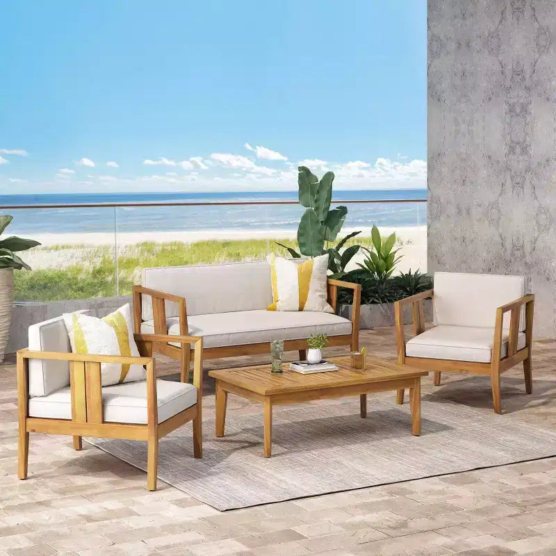 Ensemble de conversation d'extérieur Nicholson 4 places en bois d'acacia - Teck/Beige - Christopher Knight Home : Salon de jardin avec coussins et table basse
