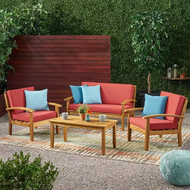 Peyton 4pc Acacia Chat Set - Teak/Red - Christopher Knight Home