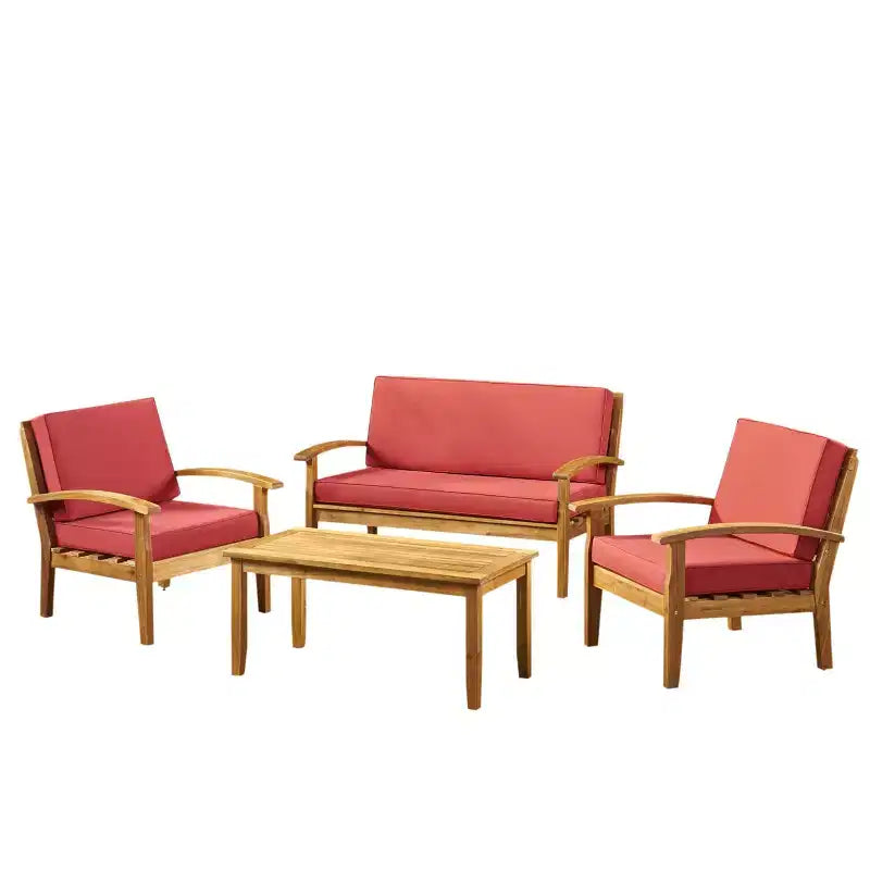 Ensemble de conversation Peyton 4 pièces en acacia – Teck/Rouge – Christopher Knight Home