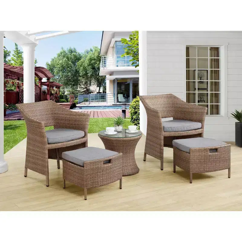 Ensemble de conversation 5 pièces Kokoli - Marron - Meubles Alaterre : mobilier de jardin avec coussins, aucun assemblage requis
