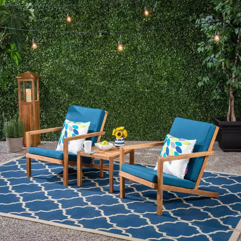 Leah 3pc Acacia Wood Chat Set: Outdoor Seating with Cushions - Christopher Knight Home