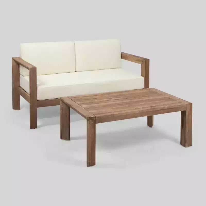 Ensemble de 2 pièces : causeuse et table basse en bois de Genser, marron – Christopher Knight Home : Ensemble de mobilier d'extérieur en acacia avec coussins