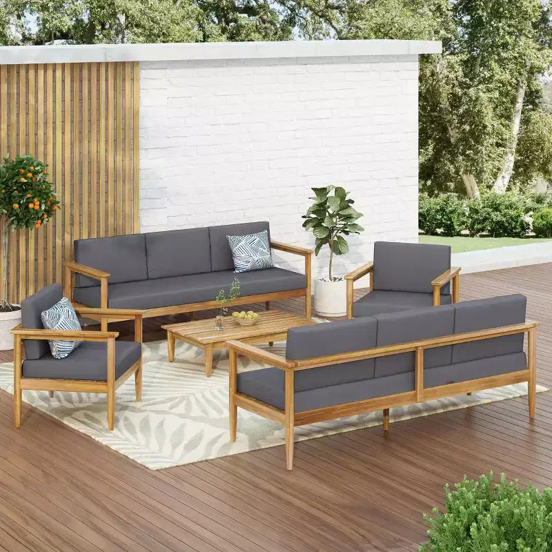 Ensemble de conversation de 5 pièces pour patio en bois d'acacia Magnolia – Teck/Gris foncé – Christopher Knight Home : Ensemble de conversation moderne résistant à l'eau