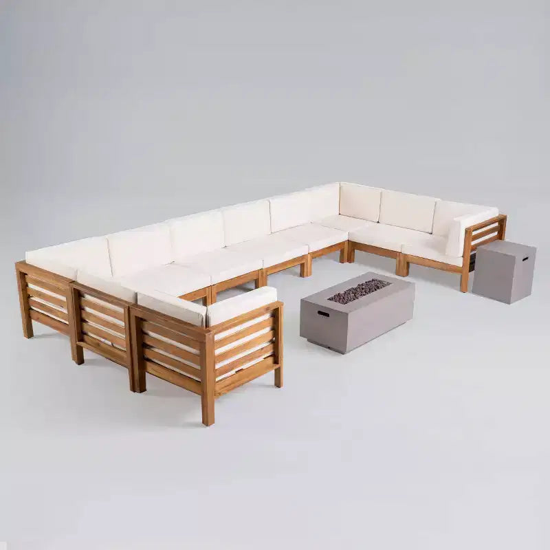 Ensemble de canapé d'angle en acacia Oana 12 pièces avec foyer - Teck/Beige et Gris clair - Christopher Knight Home