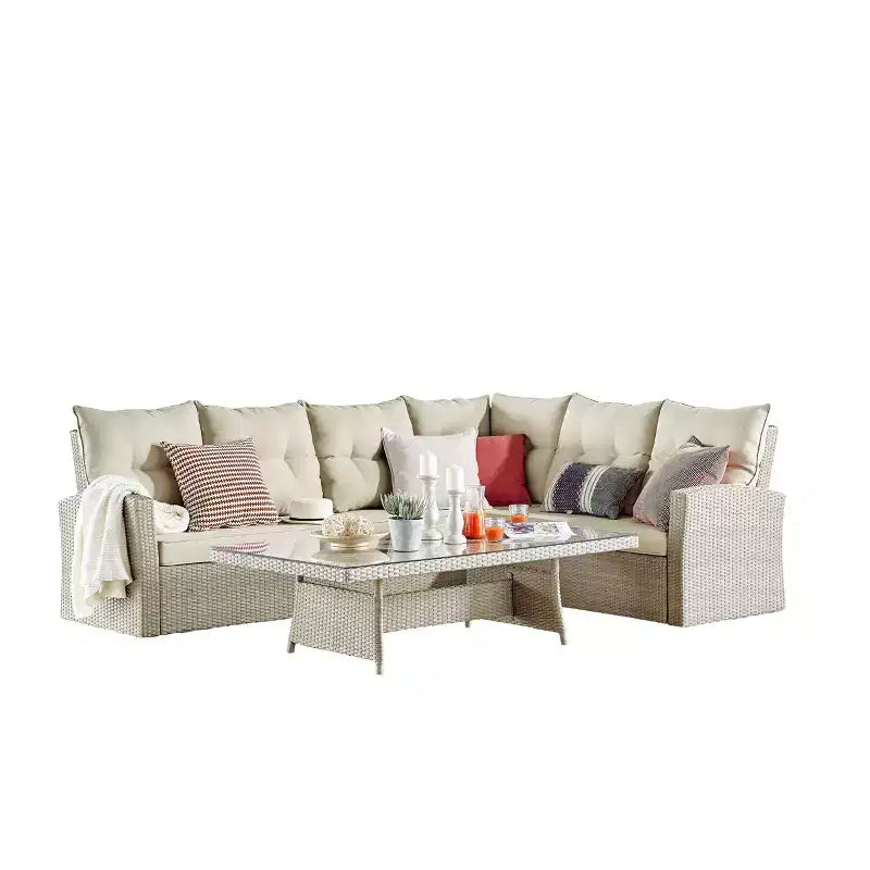 Ensemble de sièges d'angle sectionnels en osier d'extérieur 2 pièces crème Canaan – Meubles Alaterre : Résistant aux intempéries avec table basse