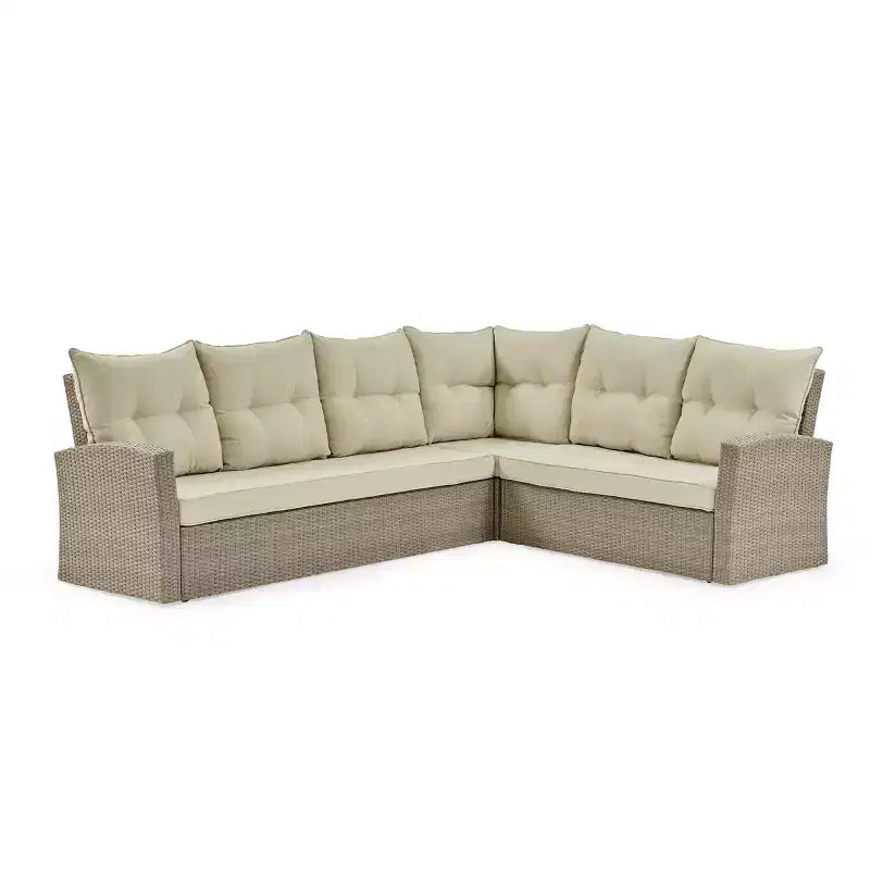 Ensemble de sièges d'angle sectionnels en osier d'extérieur 2 pièces crème Canaan – Meubles Alaterre : Résistant aux intempéries avec table basse