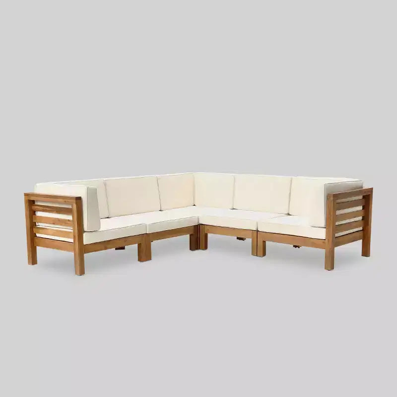 Oana Ensemble de canapés modulaires en bois d'acacia 5 pièces en V Teck/Beige - Christopher Knight Home : Résistant aux intempéries, Design contemporain