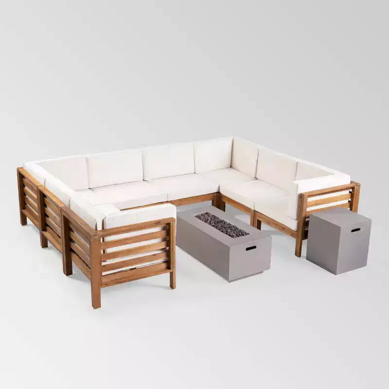 Canapé sectionnel en U 10 pièces en bois d'acacia Oana avec brasero - Teck/Beige - Christopher Knight Home : Sièges d'extérieur modulaires