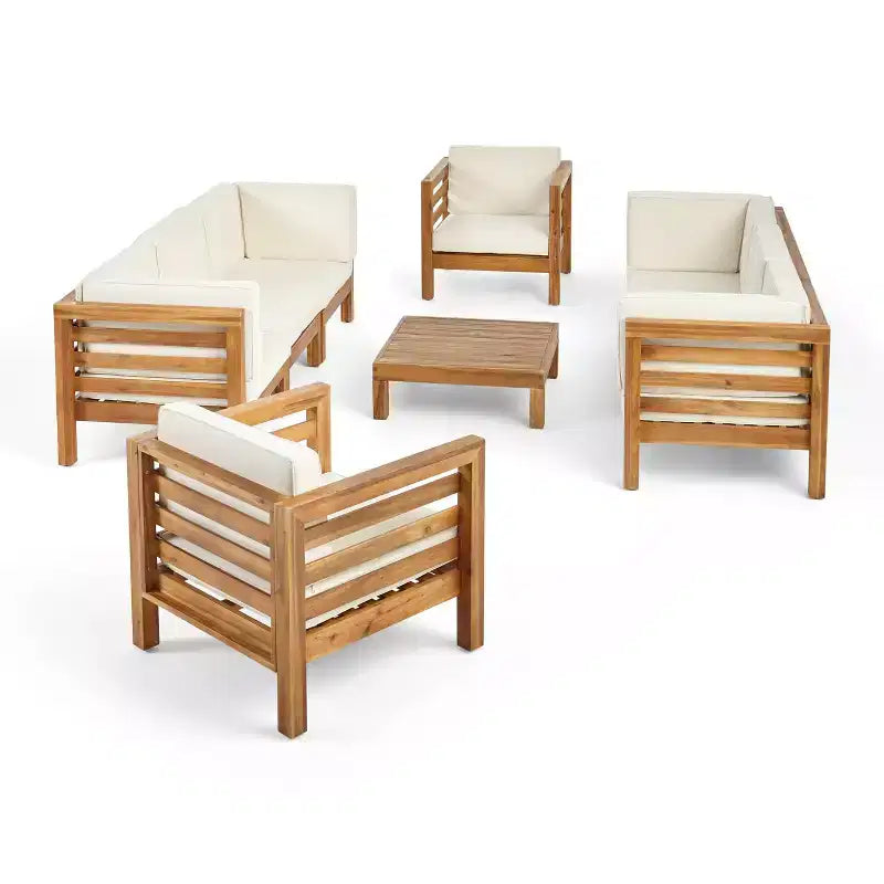 Oana Ensemble canapé et fauteuil club 9 pièces en bois d'acacia teck/beige - Christopher Knight Home : Canapé d'angle modulable d'extérieur, résistant aux intempéries