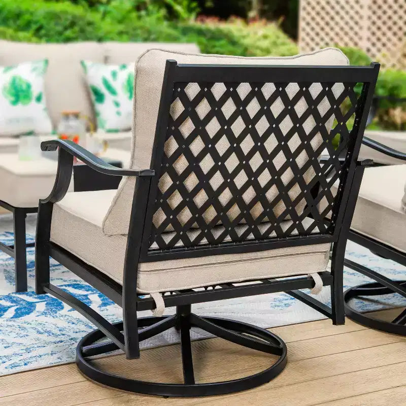 Captiva Designs – Ensemble de conversation d'extérieur 5 pièces XL en métal avec fauteuils pivotants et poufs beiges : Cadre en acier, résistant à la rouille et à l'eau