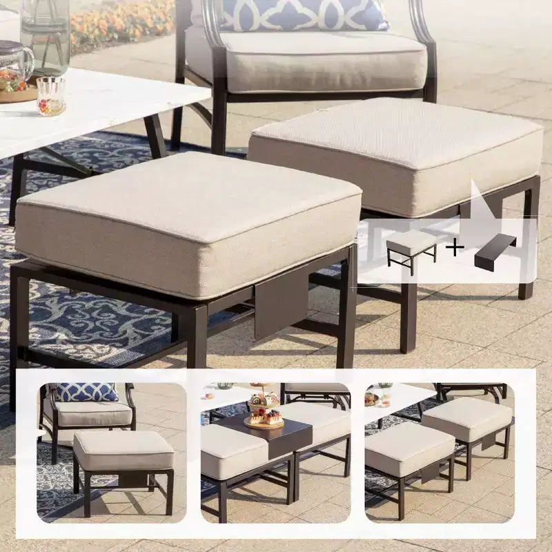 Captiva Designs – Ensemble de conversation d'extérieur 5 pièces XL en métal avec fauteuils pivotants et poufs beiges : Cadre en acier, résistant à la rouille et à l'eau