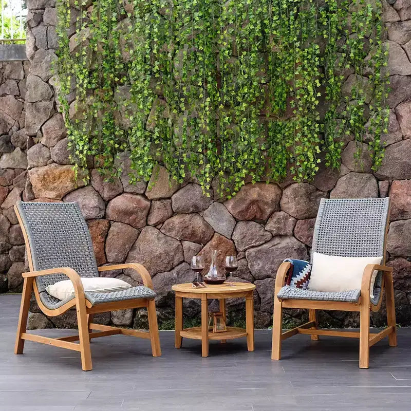 Sonoma Lane Sheldon 3pc Teak Outdoor Conversation Set with Lumbar Pillows – Weather-Resistant, Polyrope Crafted, Solid Teak Frame