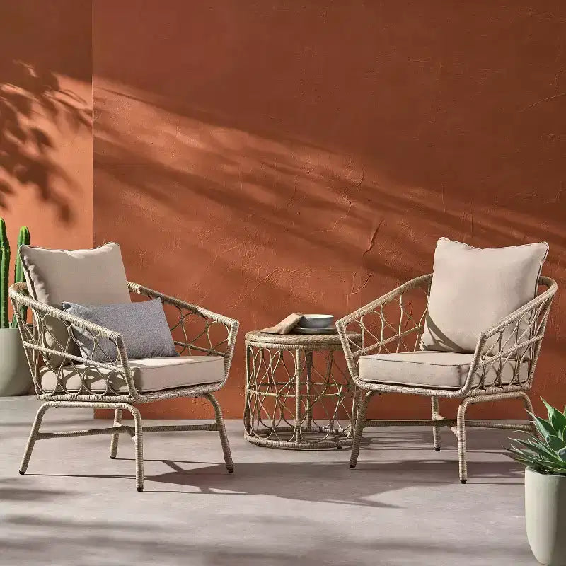 Ensemble de conversation d'extérieur 3 pièces en osier Bruce avec coussins marron clair/beige - Christopher Knight Home: Rotin synthétique, résistant aux UV et aux intempéries