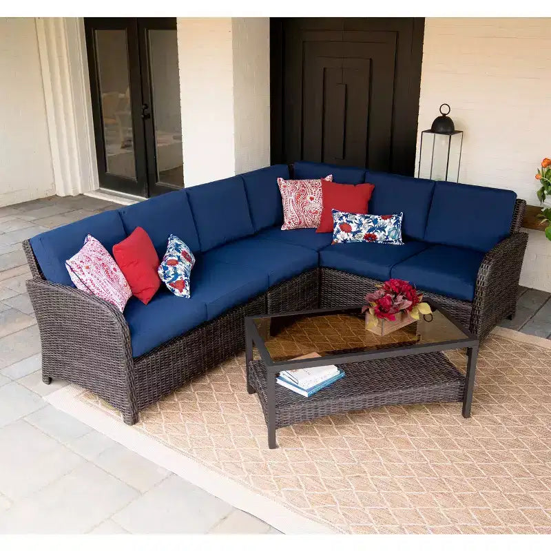Sectionnel d'angle Jackson 5 pièces en osier avec coussins bleu marine Leisure Made