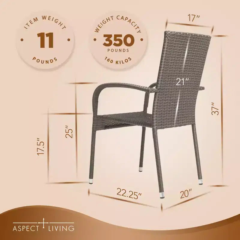Aspect Living Morgan - Lot de 2 chaises d'extérieur empilables en osier tressé à la main, tout temps, cadre en acier enduit de poudre, légères, pour véranda, jardin, balcon.
