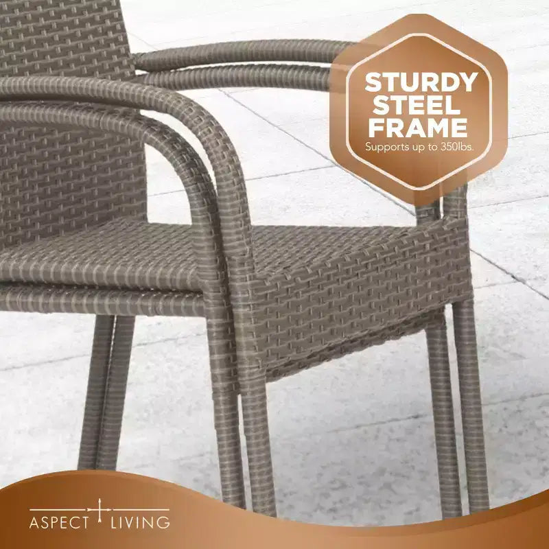 Aspect Living Morgan - Lot de 2 chaises d'extérieur empilables en osier tressé à la main, tout temps, cadre en acier enduit de poudre, légères, pour véranda, jardin, balcon.