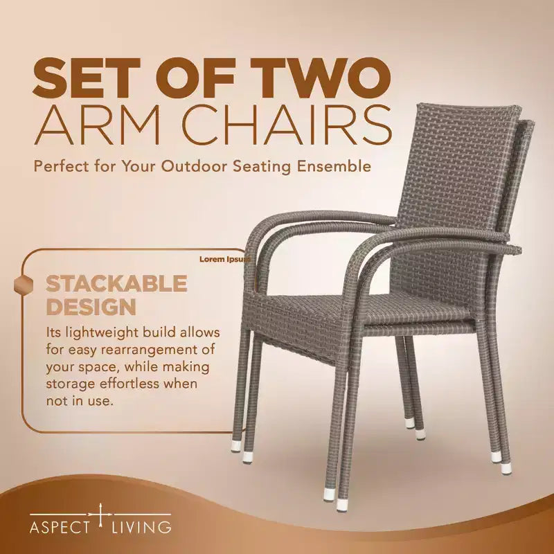 Aspect Living Morgan - Lot de 2 chaises d'extérieur empilables en osier tressé à la main, tout temps, cadre en acier enduit de poudre, légères, pour véranda, jardin, balcon.