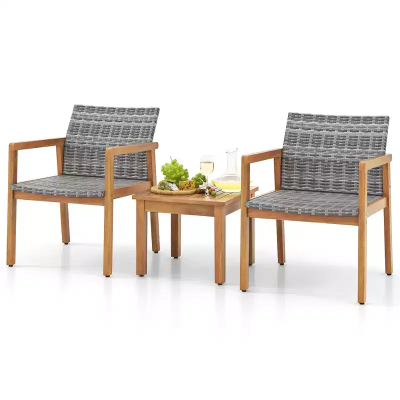 Ensemble de mobilier d'extérieur Costway 3 pièces, ensemble de canapé avec cadre en bois d'acacia et assise en rotin
