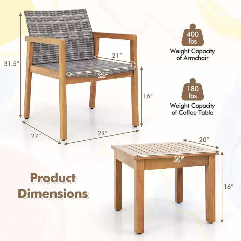 Ensemble de mobilier d'extérieur Costway 3 pièces, ensemble de canapé avec cadre en bois d'acacia et assise en rotin