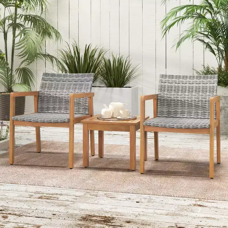 Ensemble de mobilier d'extérieur Costway 3 pièces, ensemble de canapé avec cadre en bois d'acacia et assise en rotin