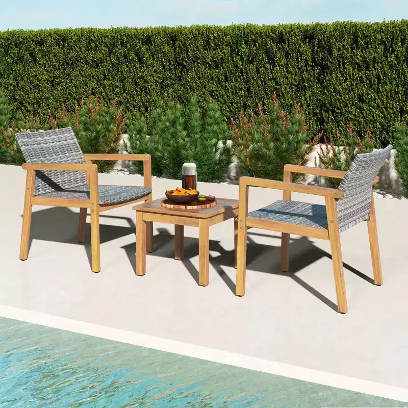 Ensemble de mobilier d'extérieur Costway 3 pièces, ensemble de canapé avec cadre en bois d'acacia et assise en rotin