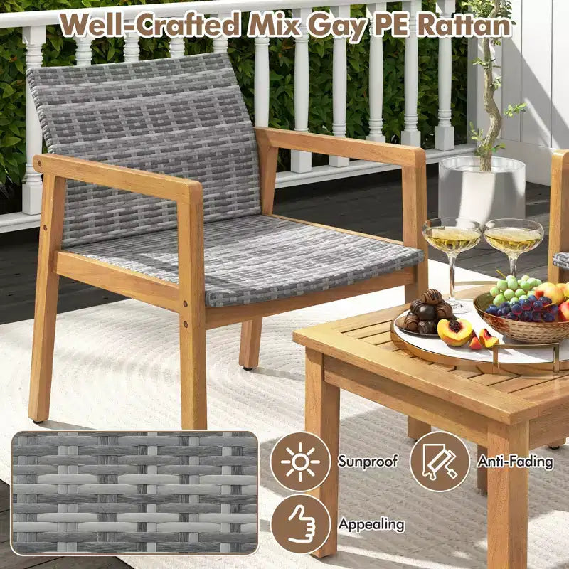 Ensemble de mobilier d'extérieur Costway 3 pièces, ensemble de canapé avec cadre en bois d'acacia et assise en rotin