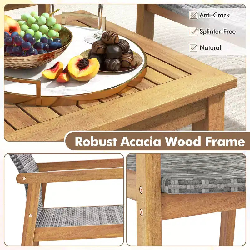 Ensemble de mobilier d'extérieur Costway 3 pièces, ensemble de canapé avec cadre en bois d'acacia et assise en rotin