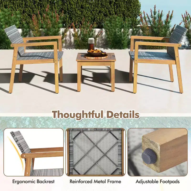 Ensemble de mobilier d'extérieur Costway 3 pièces, ensemble de canapé avec cadre en bois d'acacia et assise en rotin
