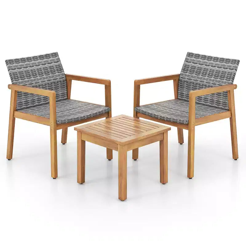 Ensemble de mobilier d'extérieur Costway 3 pièces, ensemble de canapé avec cadre en bois d'acacia et assise en rotin