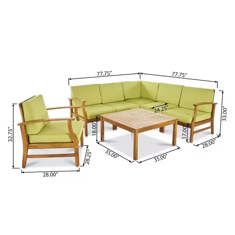 GDFStudio Abena Ensemble de conversation d'extérieur 6 places avec canapé sectionnel et fauteuil club en bois d'acacia et coussins