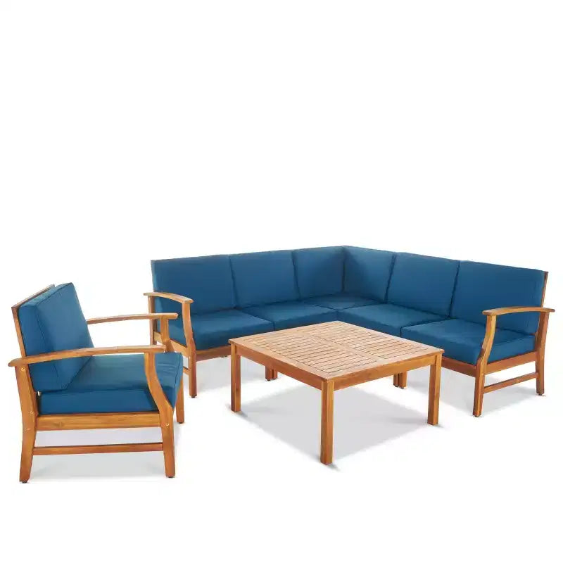 GDFStudio Abena Ensemble de conversation d'extérieur 6 places avec canapé sectionnel et fauteuil club en bois d'acacia et coussins