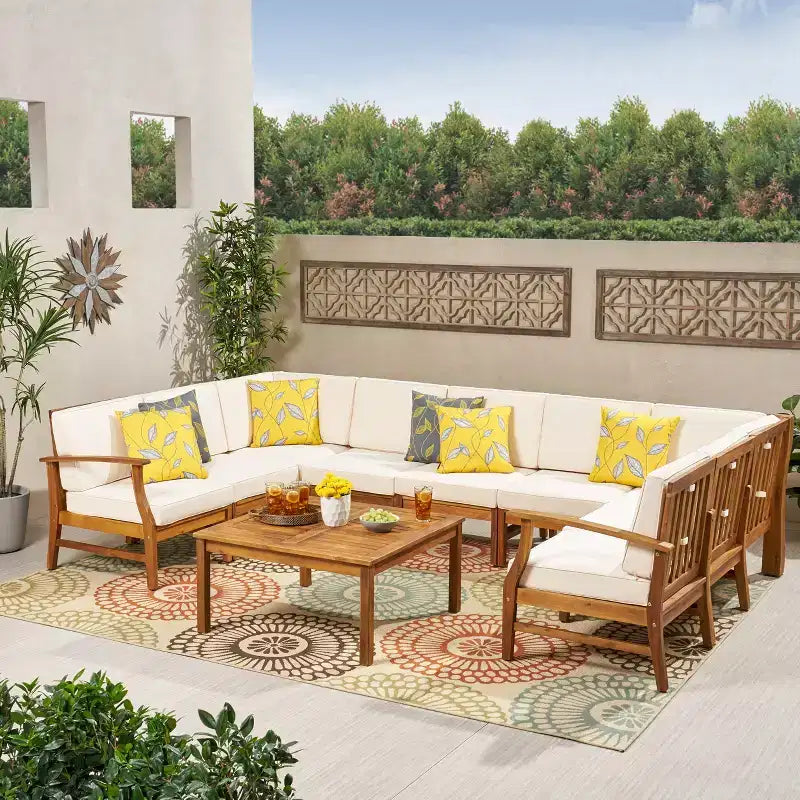 GDFStudio Abena - Canapé d'angle d'extérieur 9 places en acacia avec coussins