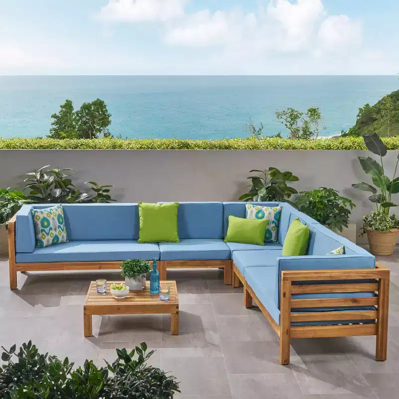 Christopher Knight Home Cascada, canapé sectionnel d'extérieur en bois d'acacia 7 places avec coussins