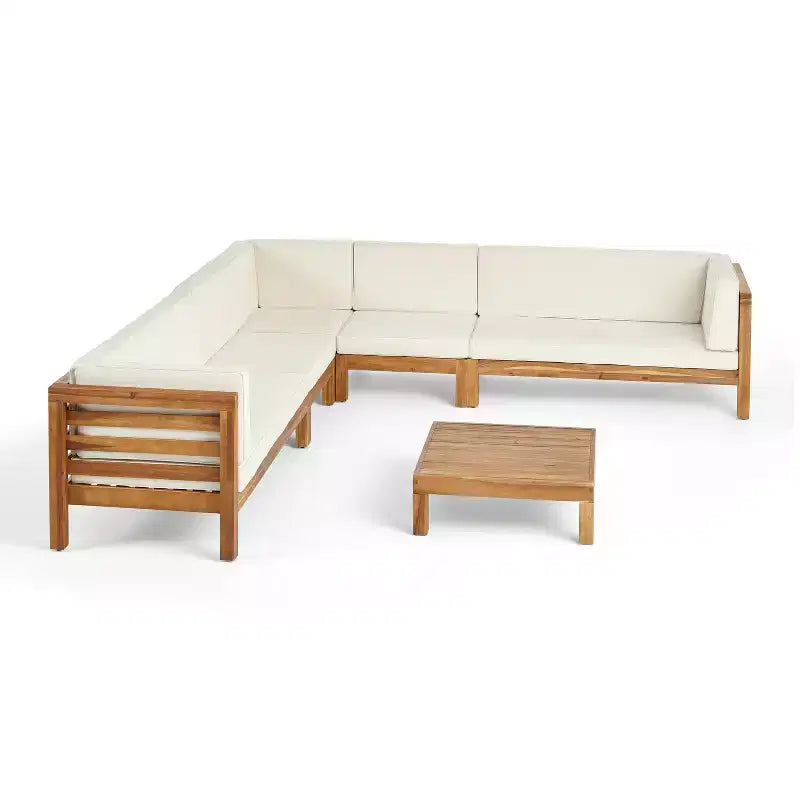 Christopher Knight Home Cascada, canapé sectionnel d'extérieur en bois d'acacia 7 places avec coussins
