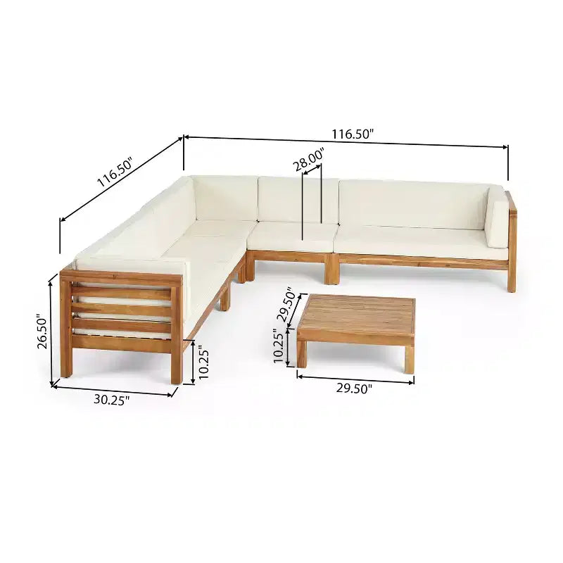 Christopher Knight Home Cascada, canapé sectionnel d'extérieur en bois d'acacia 7 places avec coussins