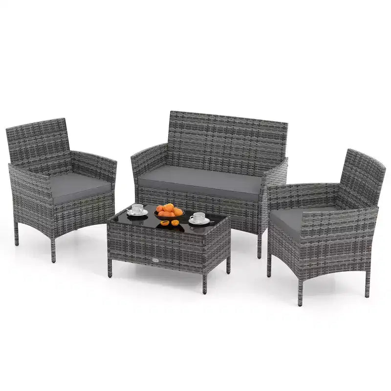 Ensemble de meubles de patio Costway 4 pièces avec coussins lavables et table basse en verre trempé gris