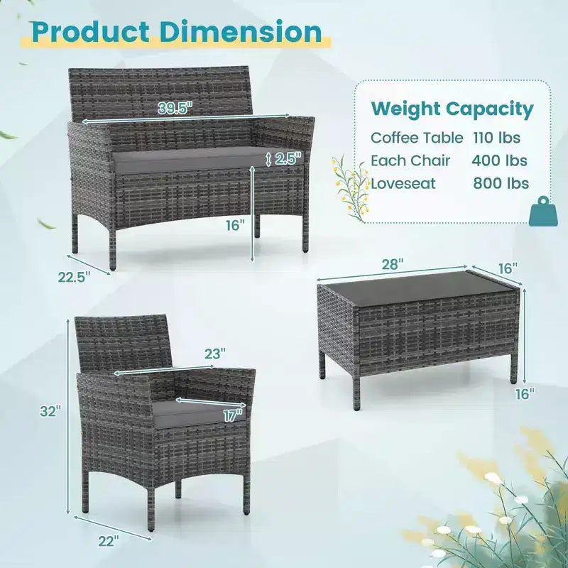 Ensemble de meubles de patio Costway 4 pièces avec coussins lavables et table basse en verre trempé gris