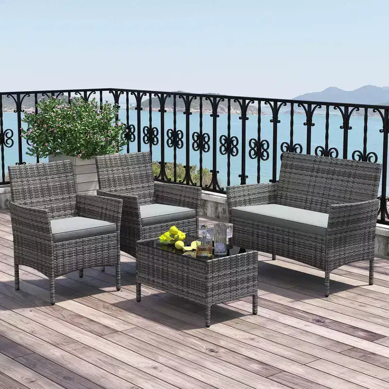 Ensemble de meubles de patio Costway 4 pièces avec coussins lavables et table basse en verre trempé gris