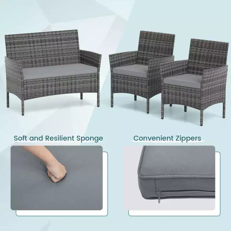 Ensemble de meubles de patio Costway 4 pièces avec coussins lavables et table basse en verre trempé gris
