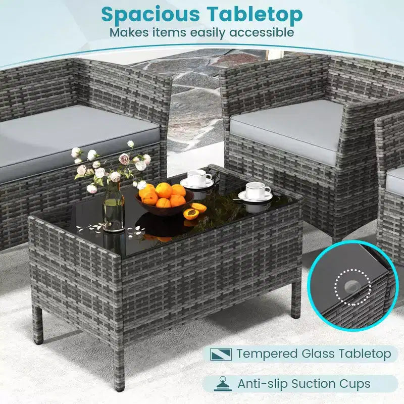 Ensemble de meubles de patio Costway 4 pièces avec coussins lavables et table basse en verre trempé gris