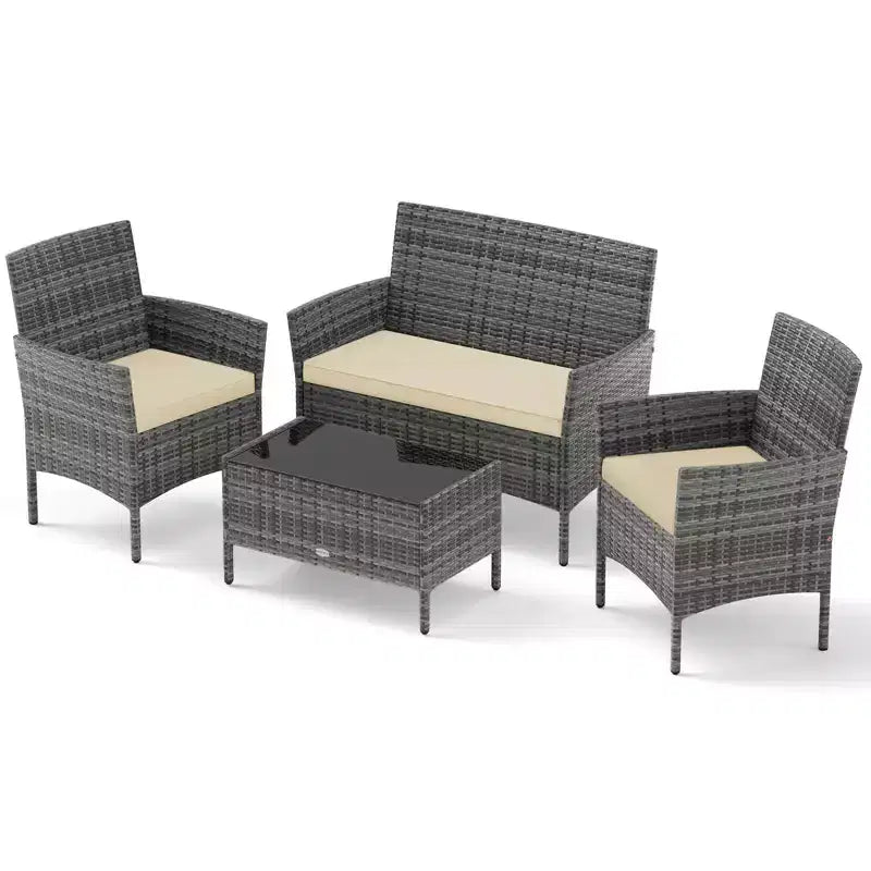 Ensemble de meubles de patio Costway 4 pièces avec coussins lavables et table basse en verre trempé gris