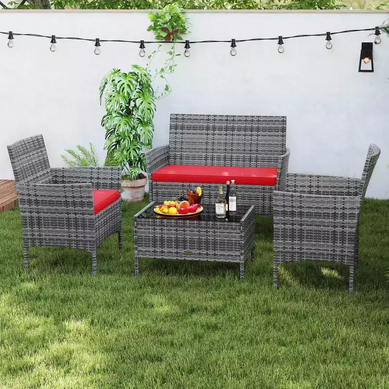 Ensemble de meubles de patio Costway 4 pièces avec coussins lavables et table basse en verre trempé gris