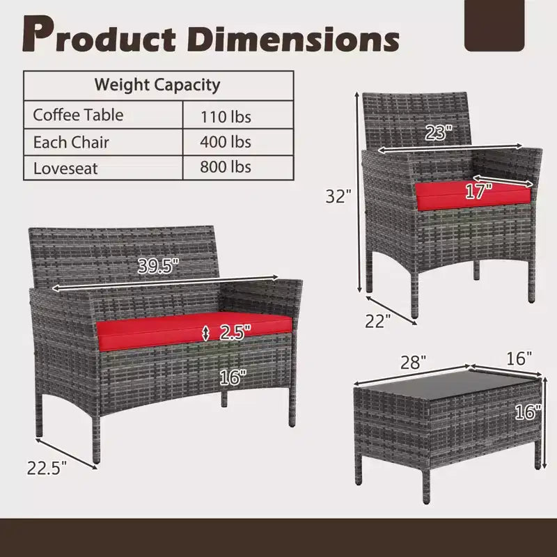 Ensemble de meubles de patio Costway 4 pièces avec coussins lavables et table basse en verre trempé gris