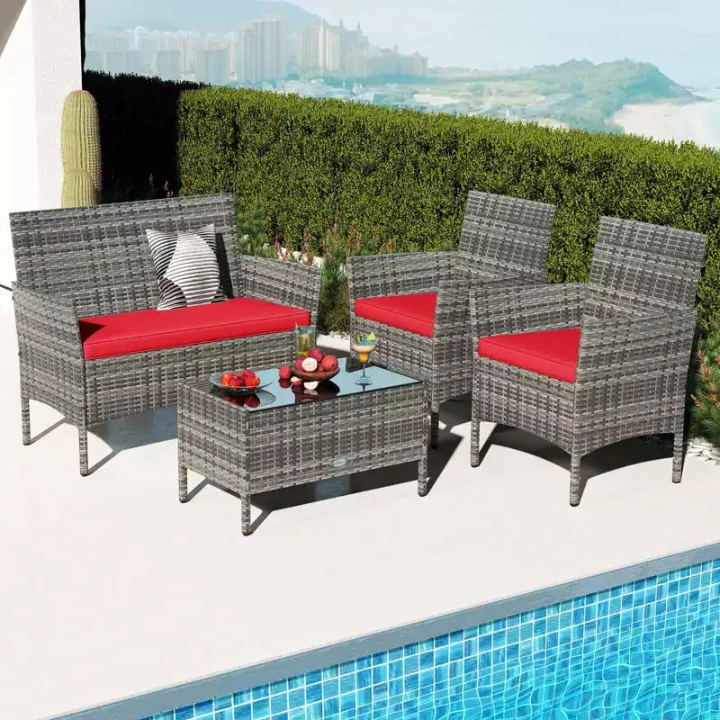 Ensemble de meubles de patio Costway 4 pièces avec coussins lavables et table basse en verre trempé gris