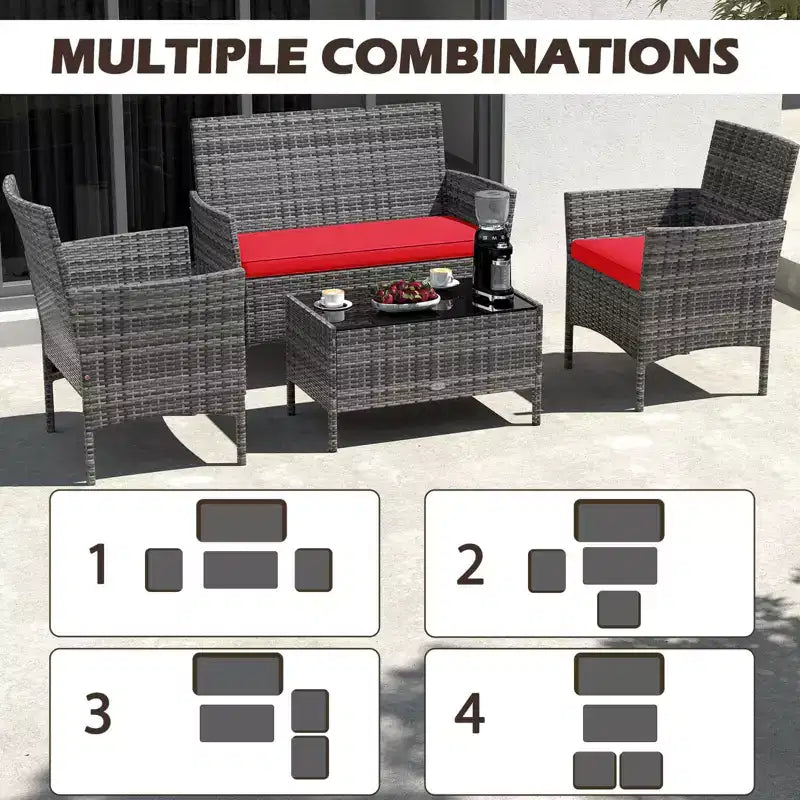 Ensemble de meubles de patio Costway 4 pièces avec coussins lavables et table basse en verre trempé gris