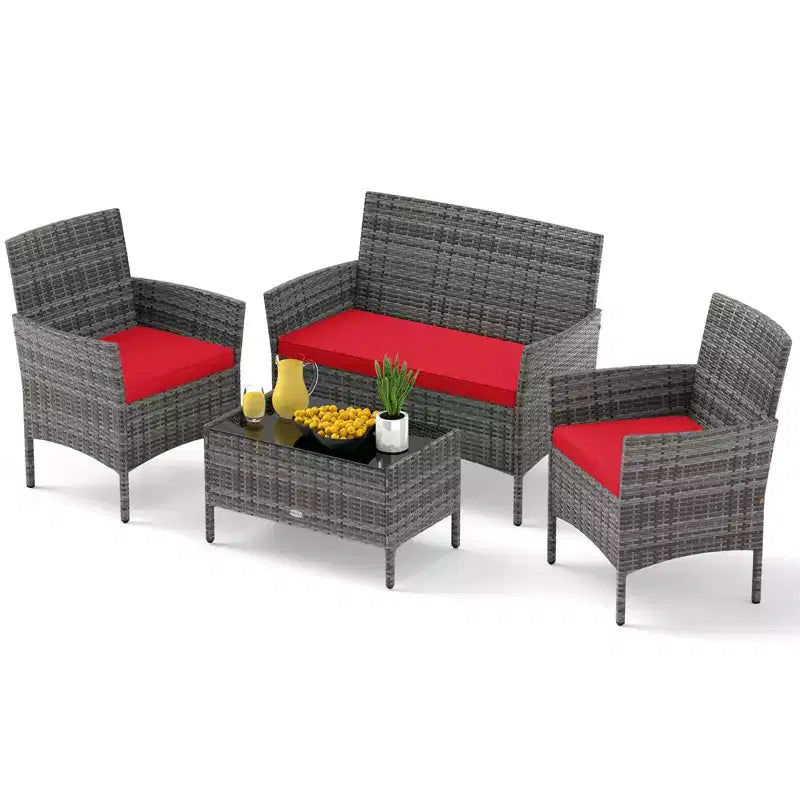 Ensemble de meubles de patio Costway 4 pièces avec coussins lavables et table basse en verre trempé gris