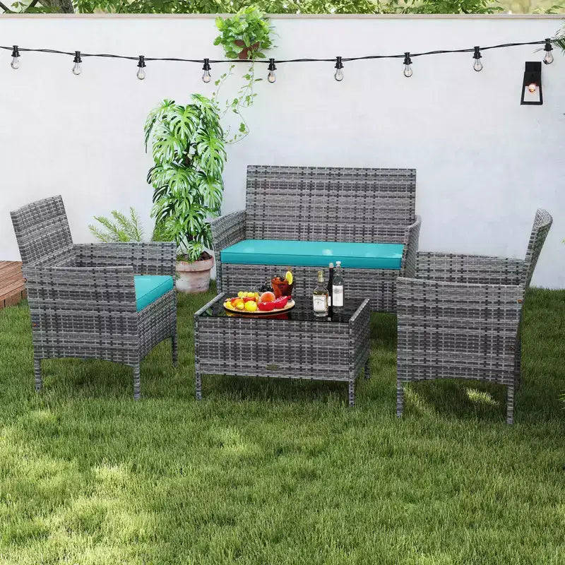 Ensemble de meubles de patio Costway 4 pièces avec coussins lavables et table basse en verre trempé gris