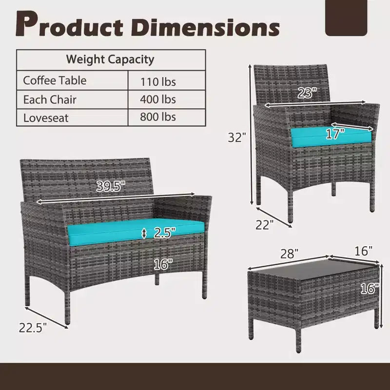 Ensemble de meubles de patio Costway 4 pièces avec coussins lavables et table basse en verre trempé gris
