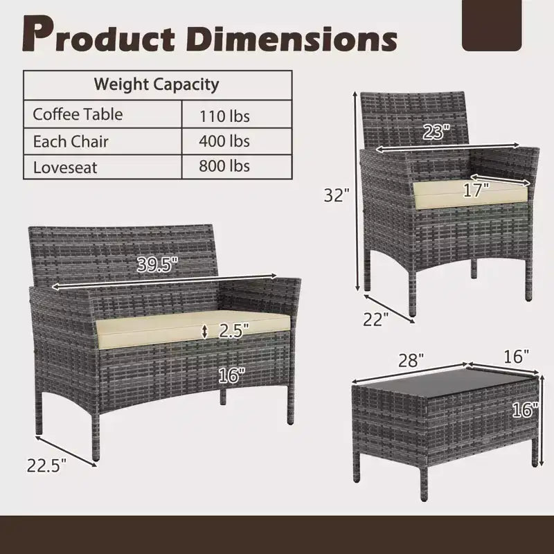 Ensemble de meubles de patio Costway 4 pièces avec coussins lavables et table basse en verre trempé gris