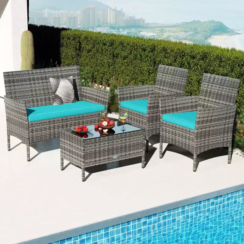 Ensemble de meubles de patio Costway 4 pièces avec coussins lavables et table basse en verre trempé gris